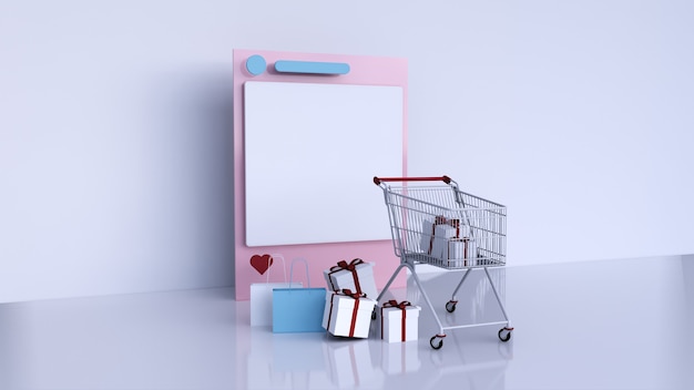 frame social media instagram and Shopping cart with gift box and shopping bag, 3d rendering