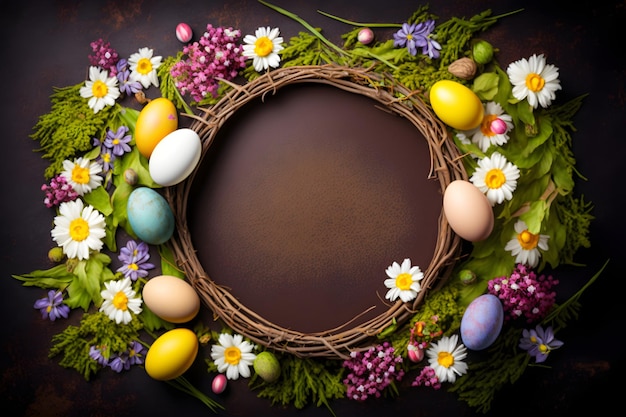 Frame of spring flowers and easter eggs space for text brown background Generative AI 1