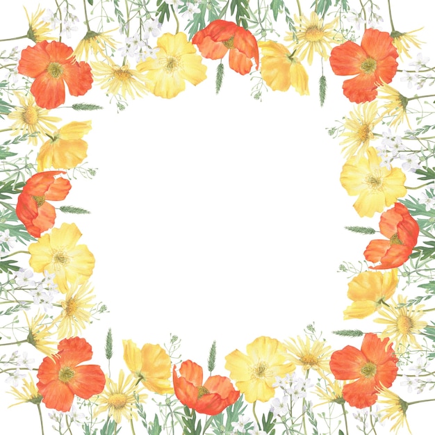 Frame of summer flowers hand drawn in watercolor