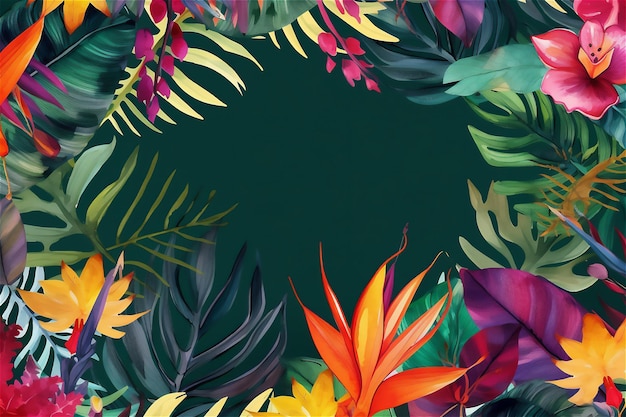 Frame of Tropical flower and foliage design with a variety of exotic blooms and lush greenery