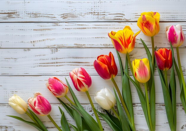 Frame of tulips on white wooden background Top view with copy space