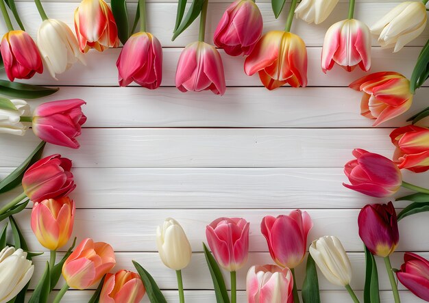 Frame of tulips on white wooden background Top view with copy space