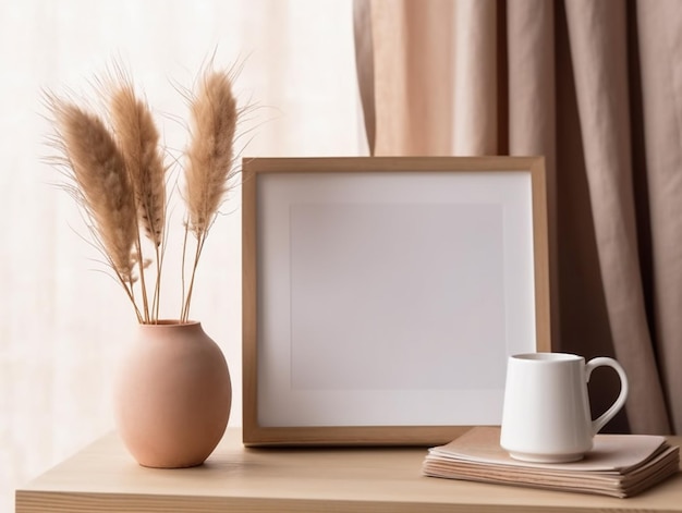 A frame and two coffee cups on a table with a vase and a vase with flowers.