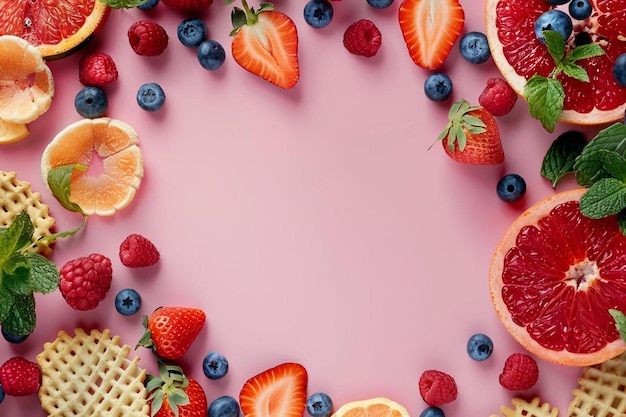 Frame of various healthy snacks on pink background