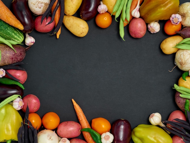 Frame of various  vegetables on dark background, top view.