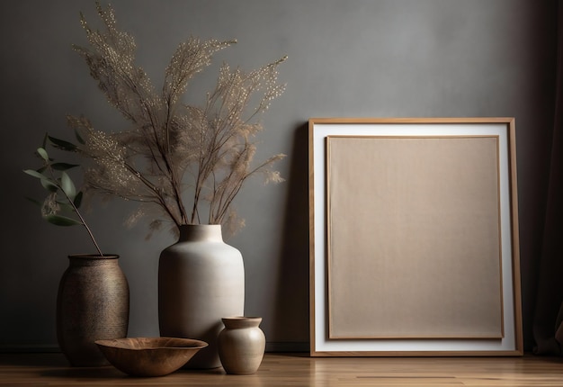 A frame next to a vase with dried flowers on it