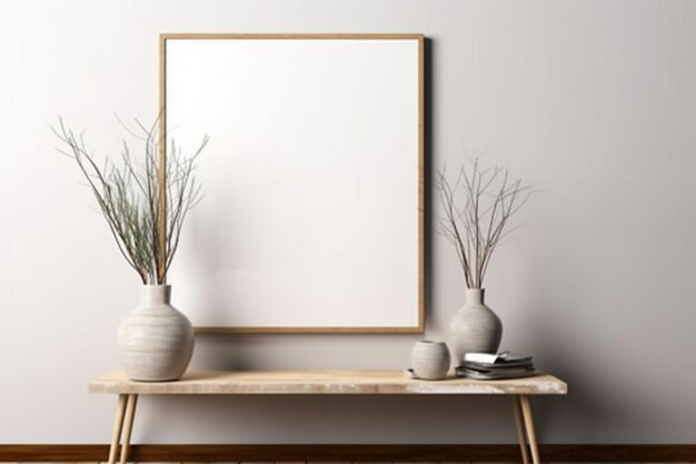 A frame on a wall with two vases with plants in them.