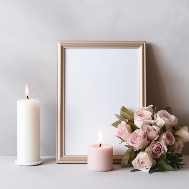 A frame with a bouquet of roses next to a candle