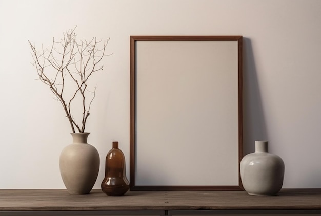 A frame with a branch in it next to a vase with a vase with a branch in it.