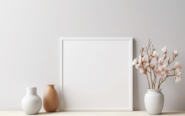 A frame with a branch of magnolia on the white wall