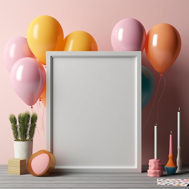 A frame with a bunch of balloons and a candle on the wall