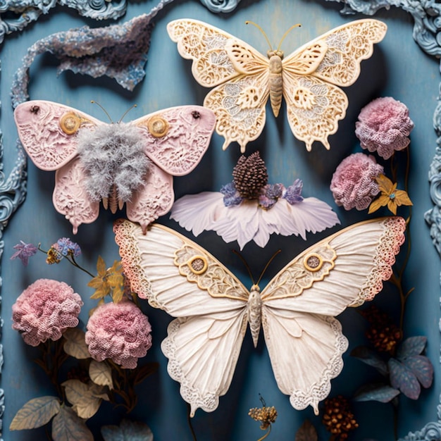 A frame with butterflies and flowers on it