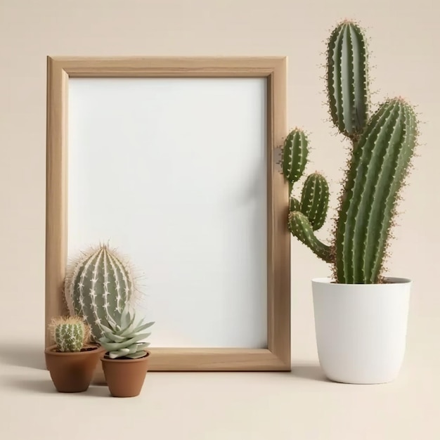 A frame with a cactus next to it