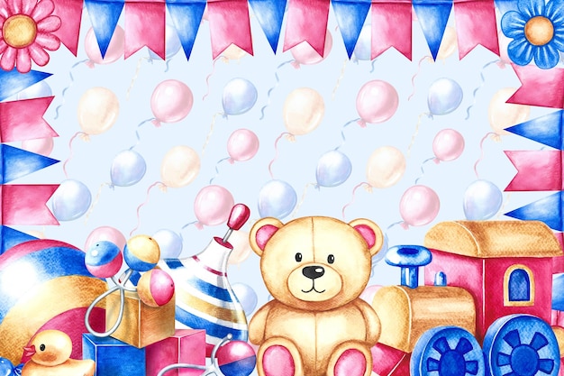 A frame with childrens toys a ball a spinning top cubes and a teddy bear watercolor illustration