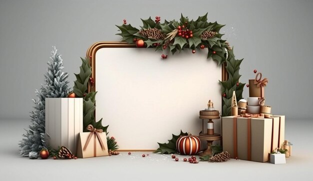 A frame with a christmas decoration and a christmas tree.