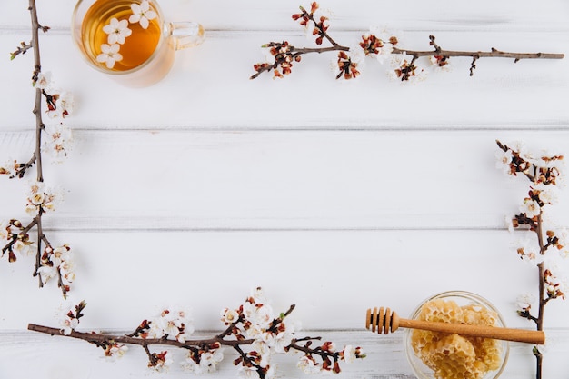 Frame with a cup of herbal tea, a jar of honey and cherry flowers