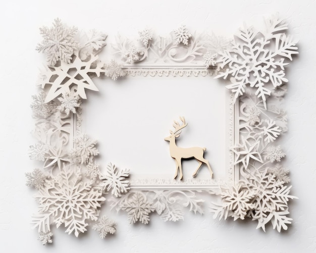 A frame with a deer and snowflakes on it