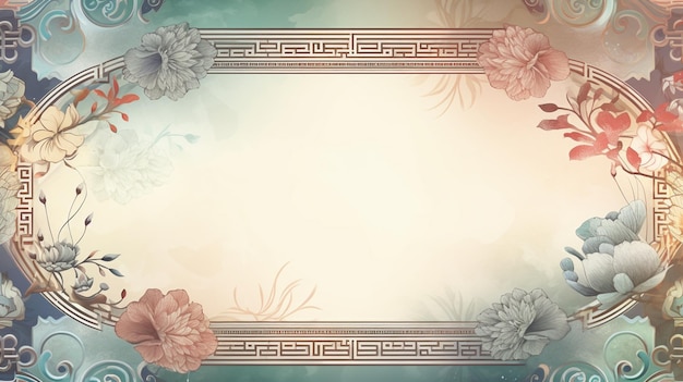 A frame with flowers and a border in blue and gold