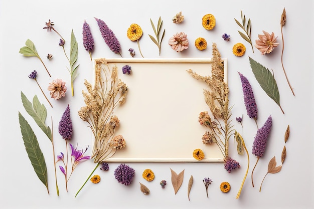 A frame with flowers and leaves around it