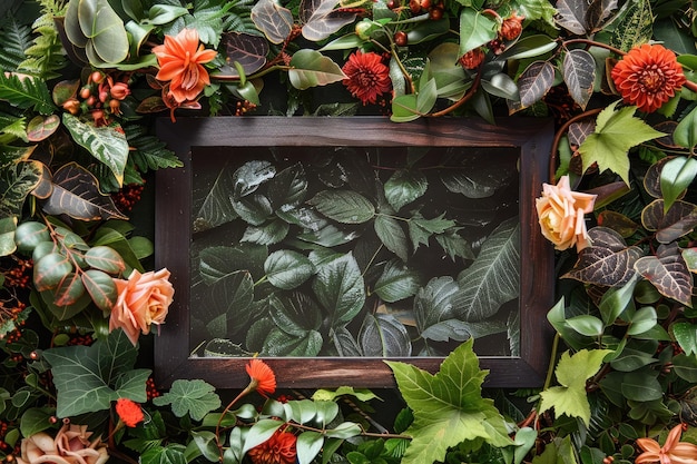 Photo a frame with flowers and leaves on it