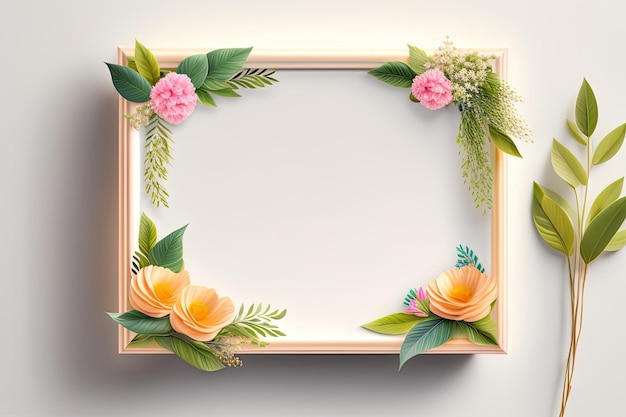 A frame with flowers and leaves on a white background.