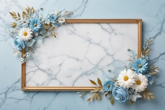 frame with flowers on marble background