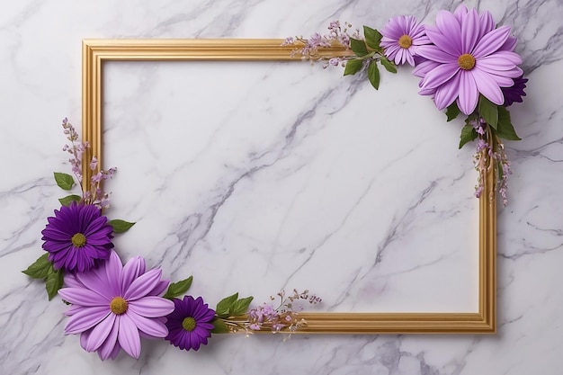 frame with flowers on marble background