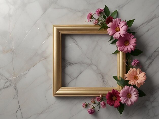 frame with flowers on marble background