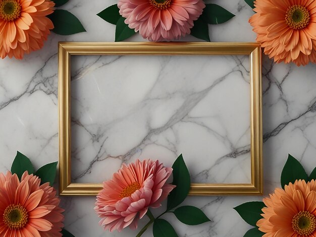 frame with flowers on marble background