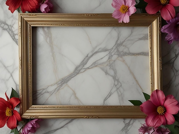 frame with flowers on marble background