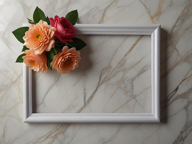 frame with flowers on marble background