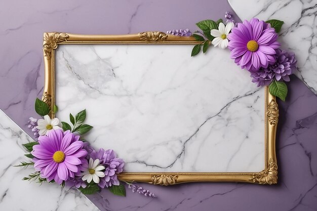 frame with flowers on marble background