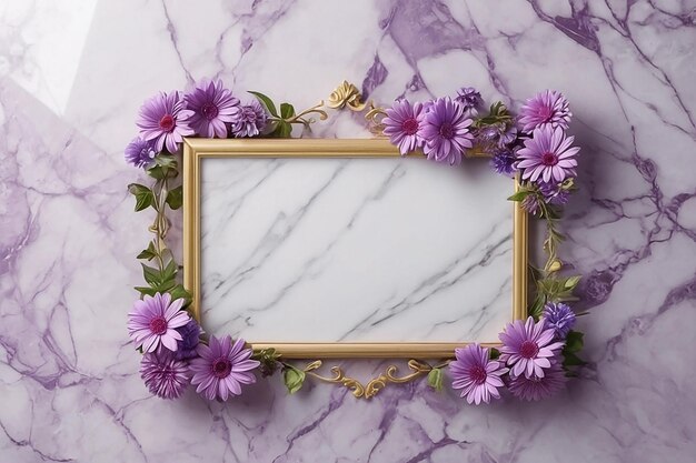 frame with flowers on marble background