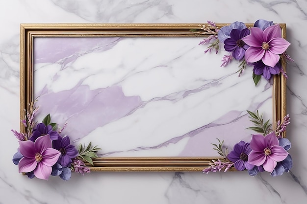 frame with flowers on marble background