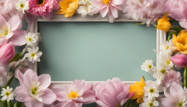 a frame with flowers and a mirror for a wedding