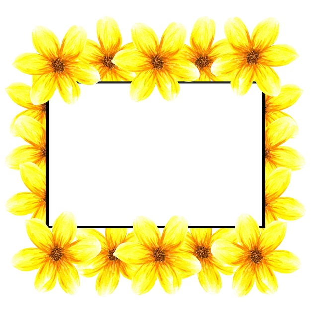 Frame with flowers Watercolor abstract bright summer yellow flowers and leaves Isolated objects on white background