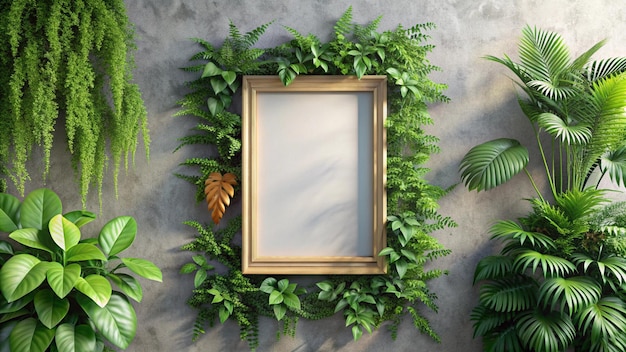 a frame with a gold frame is framed with greenery