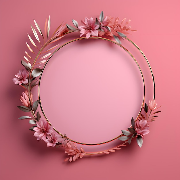 Frame with green leaf surrounds on pink background 3d in the style of monochrome pink and golden ton