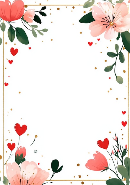 Photo a frame with hearts and flowers with a white background