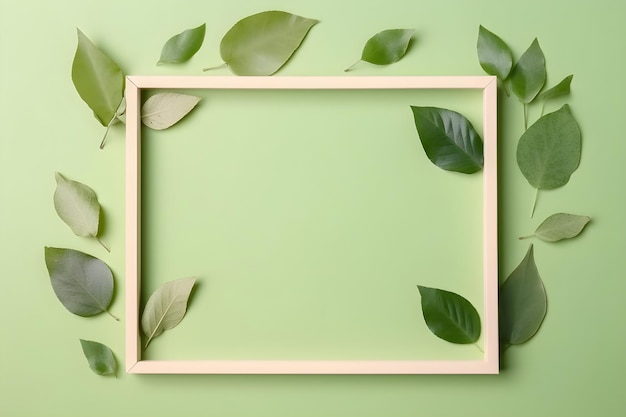 Photo frame with leaves on a green background