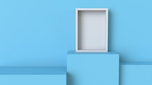 Frame with pastel blue cube podium on blank wall background