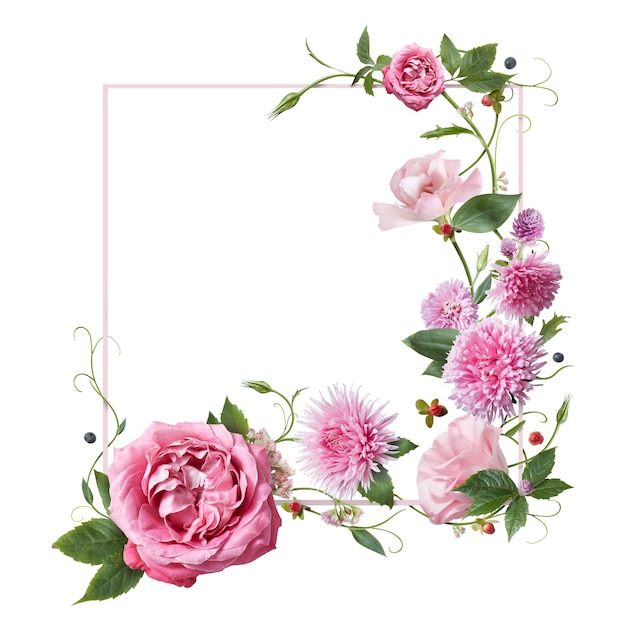 Frame with pink flowers, leaves and petals isolated on white background. top view, flat lay