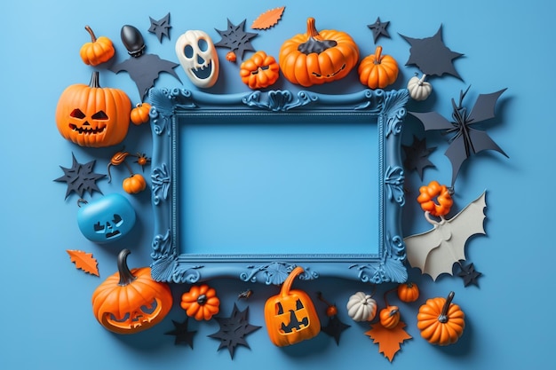 A frame with pumpkins and bats on it