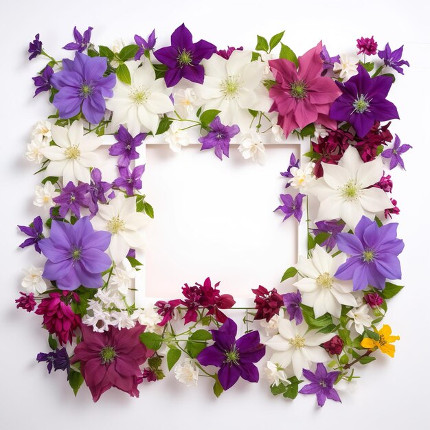 A frame with purple and white flowers and a white frame with the word columbine on it.