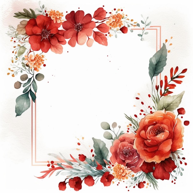 A frame with red flowers and leaves in a gold frame.