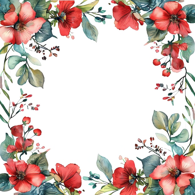 Frame with Red flowers and leaves for Invitation Greeting Card or Events