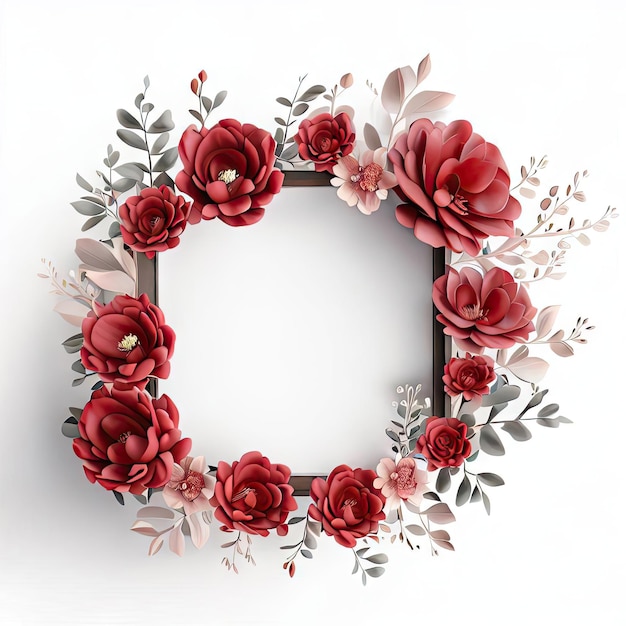 A frame with red flowers and leaves on it is made of paper generative AI