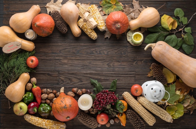 Frame with seasonal ingredients in Thanksgiving Day.