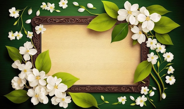 Frame With Spring Flowers on Dark Green Background Spring Theme