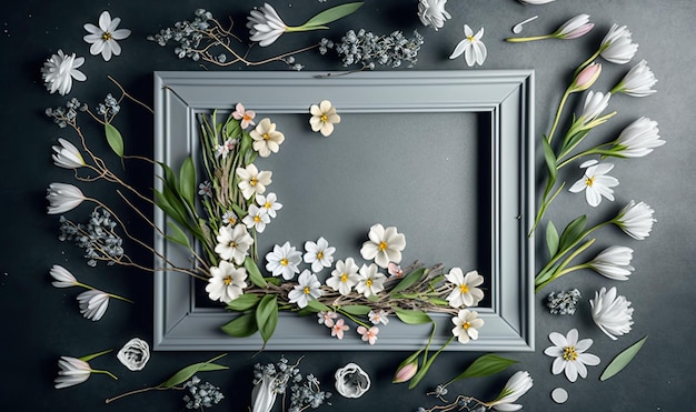 Frame With Spring Flowers on Green Background Spring Theme